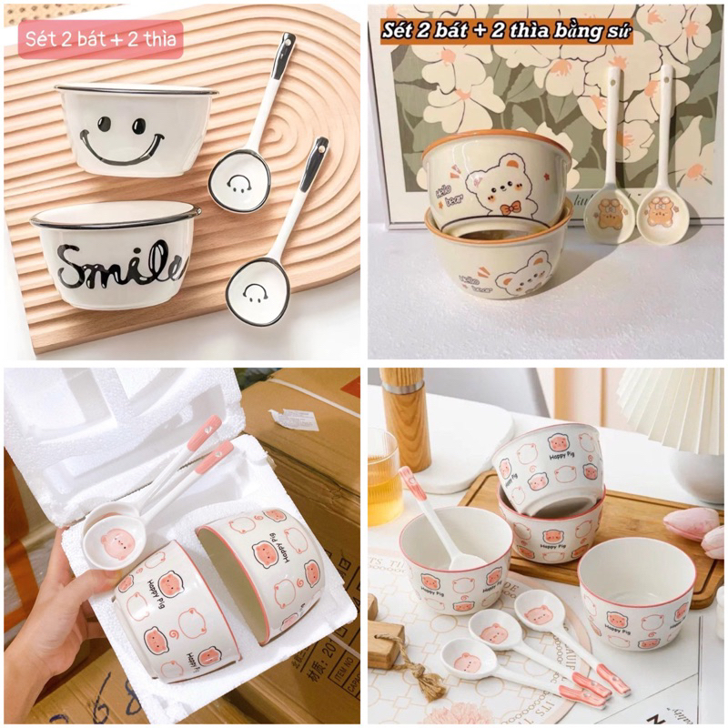 Bộ 2 BÁT SỨ mặt cười kèm 2 thìa MẪU MỚI NHẤT THỊ TRƯỜNG - SET 2 BÁT KÈM 2 THÌA MẶT CƯỜI, SET 2 BÁT S