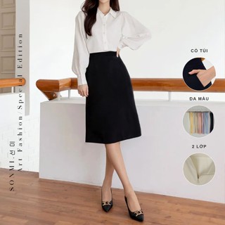 Chân váy chữ a dáng dài công sở có túi SONMI Hàn Quốc thiết kế cao cấp cạp cao 2 lớp màu đen trắng be LUNA EVELYN SK132