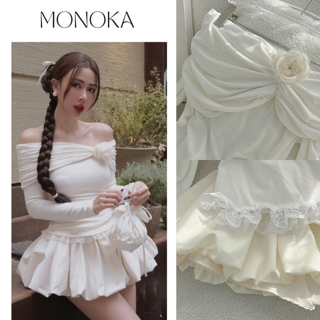 Set áo thun tăm trễ vai cài hoa dài tay ôm body viền ren chân váy ngắn dáng bí ngô phồng ngắn có quần trong T477G MONOKA