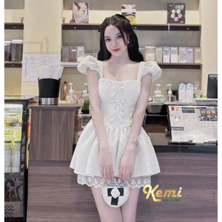 Đầm nàng thơ tay phồng búp bê điểm nơ khâu đá  Phong cách Hàn Quốc kiểu dáng bánh bèo dễ thương thời trang cá tính Kemi