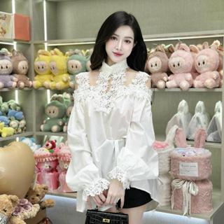  Áo somi baby doll phối ren tay dài màu trắng mix đồ 
