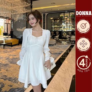 Đầm thiết kế xếp ngực DONNA màu trắng đính nơ đá tùng váy layer cao cấp