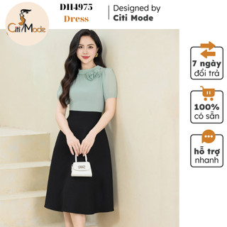 Đầm công sở CITI MODE FASHION thiết kế dáng xoè xanh đính hoa phối chân váy đen DH4975
