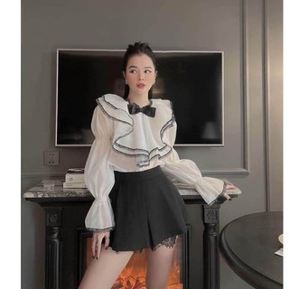 Áo sơ mi nữ pha ren đen tiểu thư xinh