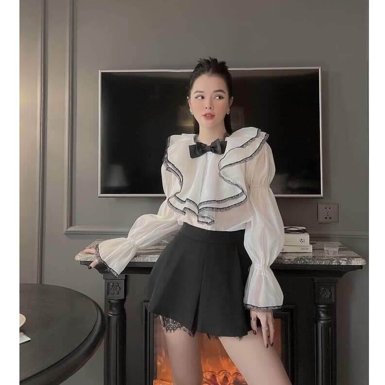 Áo sơ mi nữ pha ren đen tiểu thư xinh