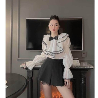 Áo sơ mi nữ pha ren đen tiểu thư xinh