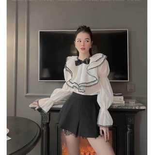 Áo sơ mi nữ pha ren đen tiểu thư xinh