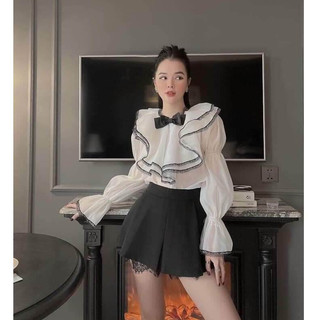 Áo sơ mi nữ pha ren đen tiểu thư xinh