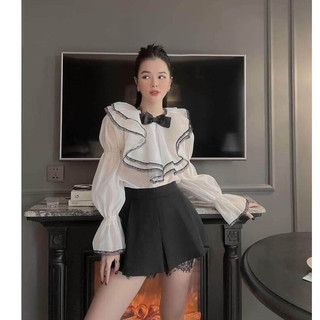 Áo sơ mi nữ pha ren đen tiểu thư xinh