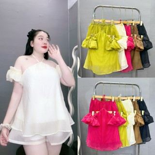 Set bộ Yếm Bigsize Nữ áo yếm trễ vai tay bồng tách rời kèm quần chữ A  eo co giãn chất tơ đũi lụa mềm mát- SET818