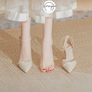 Giày cao gót mũi nhọn đế vuông dây ngọc hở eo tiểu thư sang trọng 5p7P cài quai Kimngan17Store - KN79