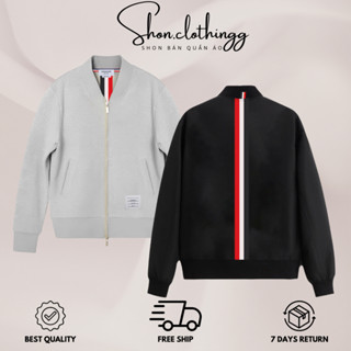 Áo Khoác Bomber Thom Browne Viền Lưng - Bomber NỈ Nam Nữ Sọc Lưng Unisex Bản Siêu Đẹp Full Tag Mạc