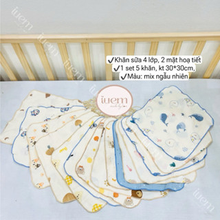iuem Khăn sữa xô muslin cao cấp 4 LỚP VIỀN MÀU, set 5 khăn 2 mặt hoạ tiết xinh, dày dặn, thấm hút tốt, không bụi vải