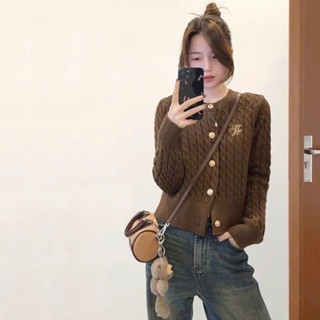 Áo Khoác Cardigan Len, Áo Cardigan Len Dệt Kim Vặn Thừng Khuy To Cổ Tròn Dài Tay Dáng Ôm Vừa Người Hàng Loại 1