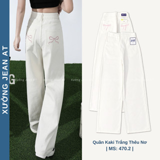 Quần Kaki Nữ Ống Rộng Trắng Thêu Nơ Hồng Lưng Cao Dáng Suông  Dễ Thương Phong Cách Hàn Quốc 522 470