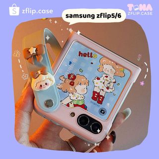 [Sẵn] Ốp Lưng Samsung Z Flip 6/Zflip5 xanh hồng chất da kèm dây đai đính charm cô gái nơ siêu xinh ZFlip5/ Z FLip6