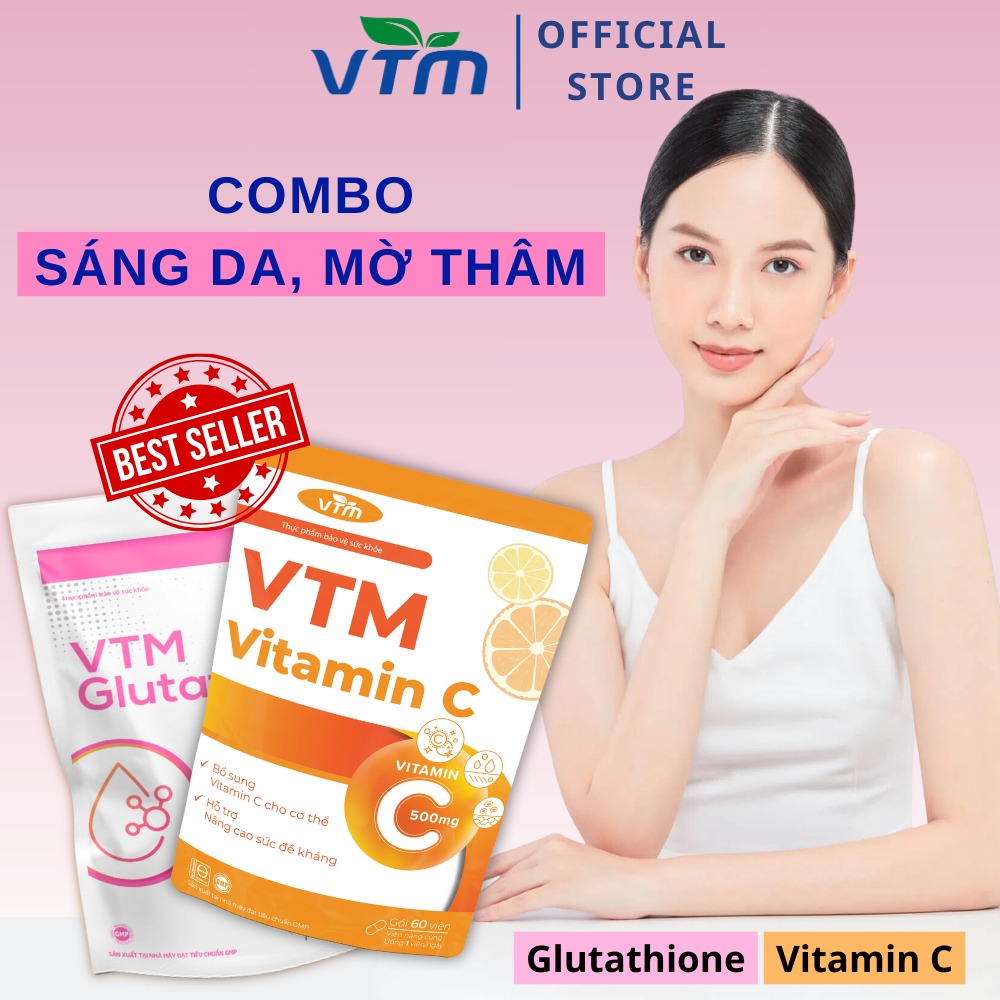 Glutathione, Vitamin C combo viên uống VTM hỗ trợ làm trắng da, mờ thâm tăng cường sức đề kháng.