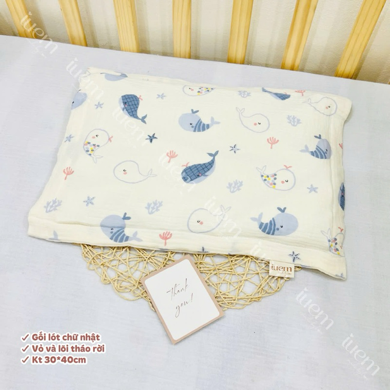iuem Gối chữ nhật vỏ rời cho bé từ sơ sinh tới 1-2 tuổi , vỏ xô muslin thoáng mát