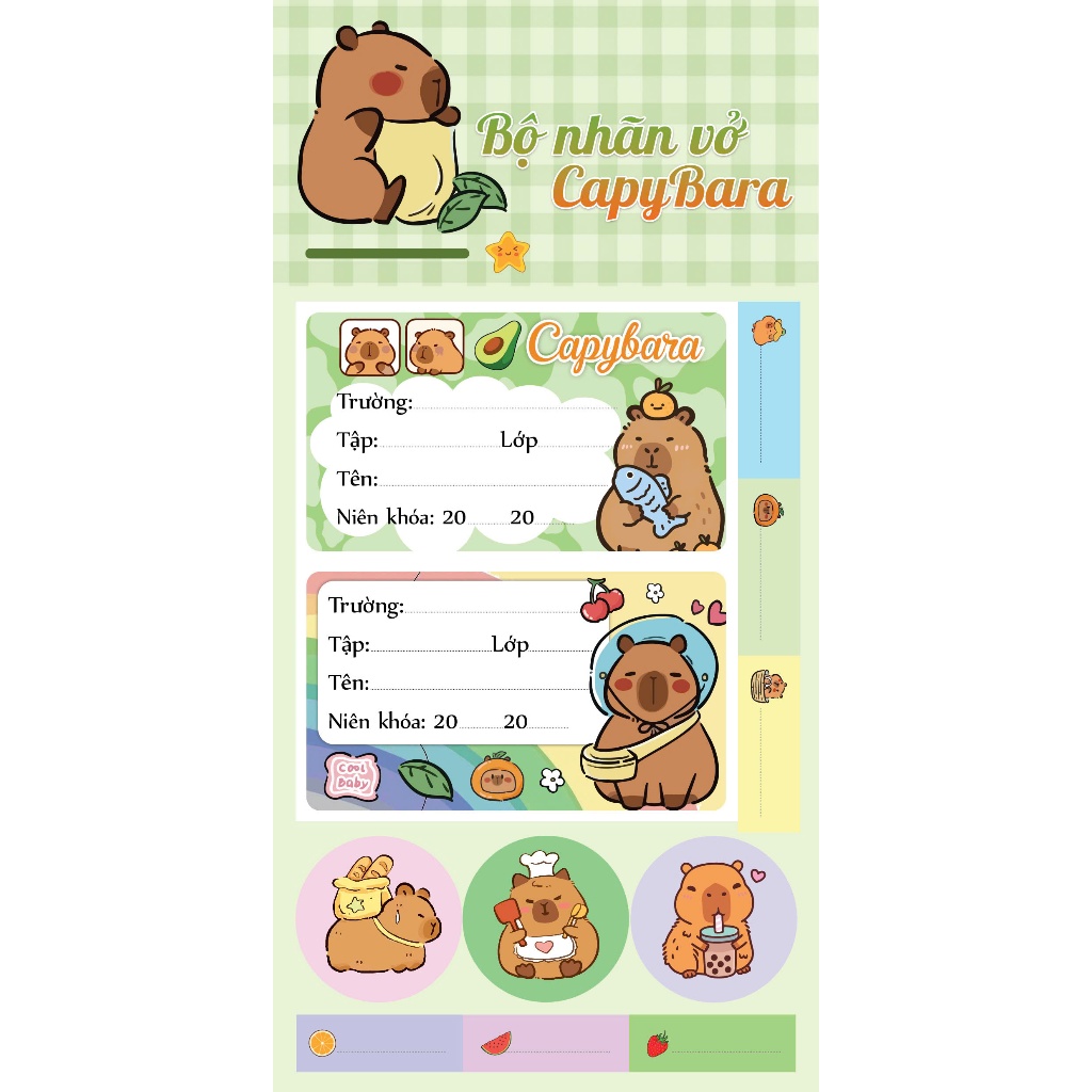 Set 3 tờ nhãn vở CAPYBARA - LOOPY  tặng kèm Sticker