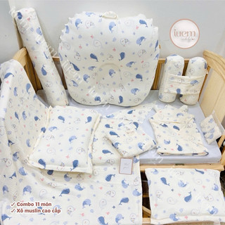 iuem Set 11 món chăn gối cho bé sơ sinh, vải xô Muslin cao cấp