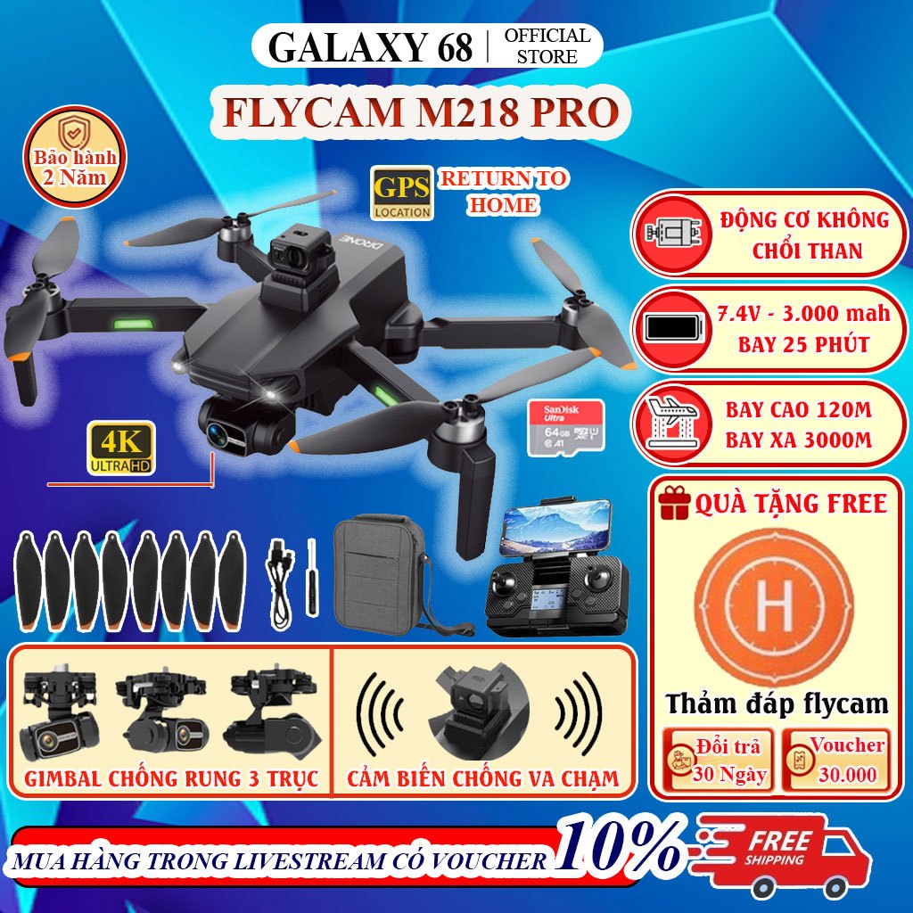 Flycam cao cấp Drone mini M218 định vị GPS Camera 4K HD Gimbal chống rung 3 trục Pin 7.4v 3000mAh