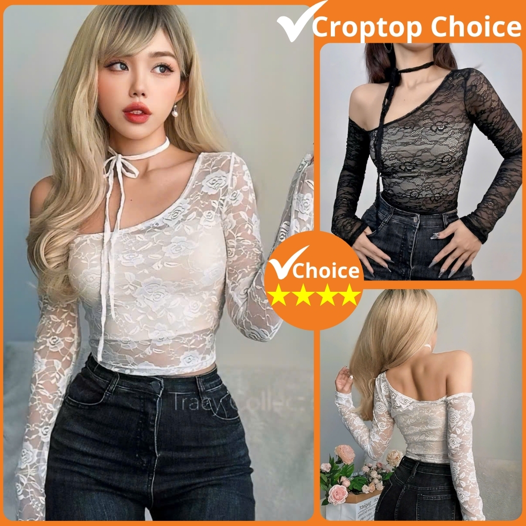 Áo lưới lệch vai tay dài cột dây CHOICE áo kiểu nữ voan hoa gợi cảm vải mềm mại co giãn DT-12