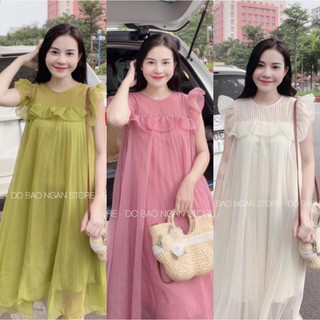Váy bầu cộc tay cổ bèo ngực voan tơ 2 lớp 3 màu hồng , xanh , kem