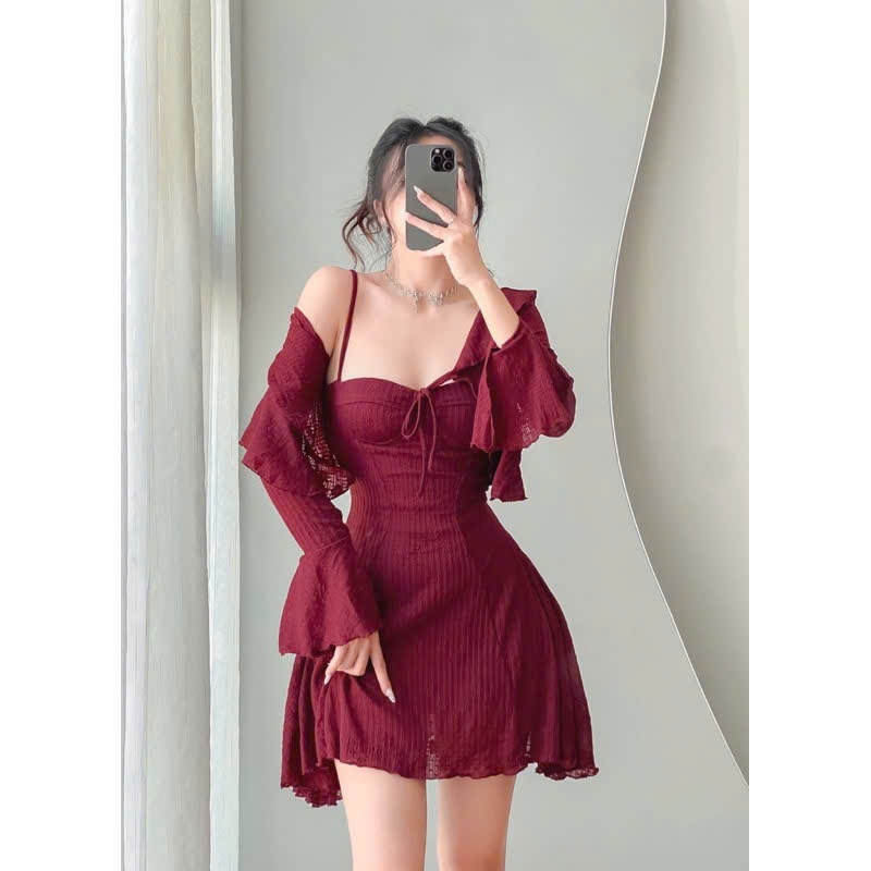 Sét đầm dạo phố 2 dây chất ren thun cao cấp kèm áo khoác tay loe sang chảnh - LACI dress