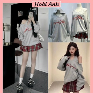 Set Bộ Đồ Nữ 3 Món Áo Ghi Dài Tay Cổ V Có Mũ Thêu Chữ Verni Chaten Kèm Áo Yếm Bra Mix Chân Váy Thô Kẻ Đỏ Freesize