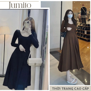  Đầm nữ dài tay dáng xòe chất thun co giãn cổ chữ U Jumito đầm nữ tôn dáng phong cách nhẹ nhàng nữ tính HCOM2960 