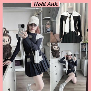 Set Bộ Đồ Nữ Áo Len Tăm Đen Dài Tay Logo MIumiu Nhũ Đáp Nổi Mix Chân Váy Xếp Ly Kèm Khăn Buộc Trắng Và Thắt Lưng Fresize