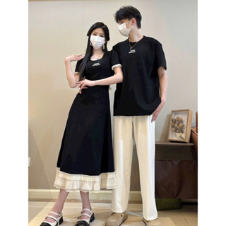 Áo váy thun đôi- Set đồ thun cặp đen maxi phối lưới hách dáng che khuyết điểm