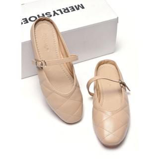 Giày Búp Bê Mũi Vuông Hở Gót Chần Chỉ Merly 1584 35-43, Giày Búp Bê Quai Ngang Phong Cách Hàn, Dép Sục Nữ, Dép M