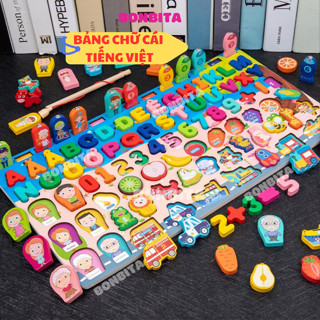 Đồ chơi phát triển trí tuệ bằng gỗ 8 trong 1 Bảng học chữ số đếm ghép hình học, động vật, câu cá cho bé