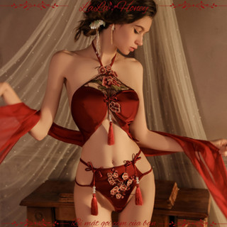 Bộ Đồ Ngủ Yếm Lụa Satin Phối Ren Thêu Tua Rua Cổ Xưa Quyến Rũ - LALA HONEY