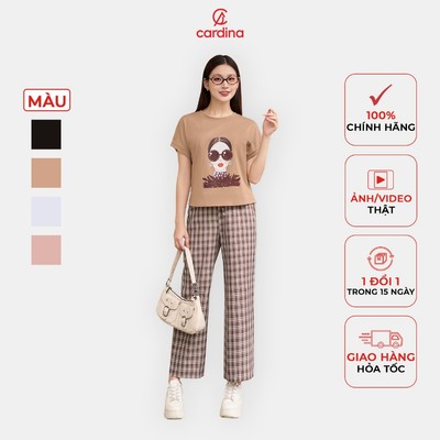 Đồ bộ nữ CARDINA chất liệu cotton hình in nổi bật kết hợp quần suông thô kẻ trẻ trung hiện đại 4BCD01