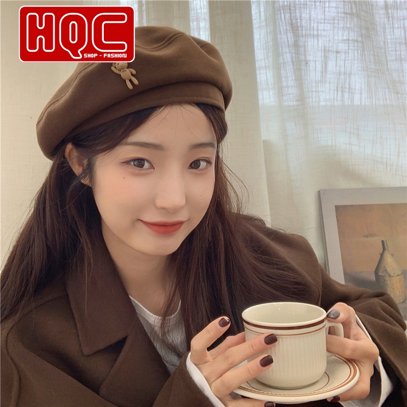 Mũ nồi len họa tiết gấu, mũ beret phong cách hàn quốc thời trang thu đông cá tính cho nữ HQC079