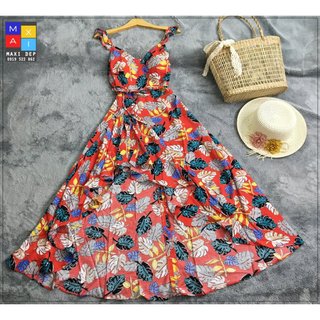 Đầm Maxi Cánh Tiên - Maxi Xẻ Tà Cao Cấp Hoa Lá Nền Đỏ Sang Trọng Quyến Rũ