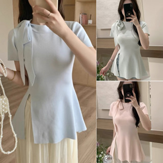 Áo thun nữ áo kiểu nữ xẻ tà thắt nơ lệch tiểu thư áo thun cổ tròn dệt kim vai nơ xẻ tà bên hông nữ tính A27 SUTANO