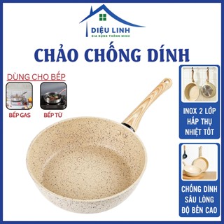 Chảo Chống Dính Vân Đá Nhật Bản 24cm,26cm, 28cm Chảo Đáy Từ Ceramic Cán Gỗ Sang Trọng Dieulihshop