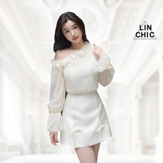 Set áo váy kiểu trễ vai bánh bèo tay phồng tiểu thư và chân váy xoè chữ A ngắn buộc nơ LINCHIC