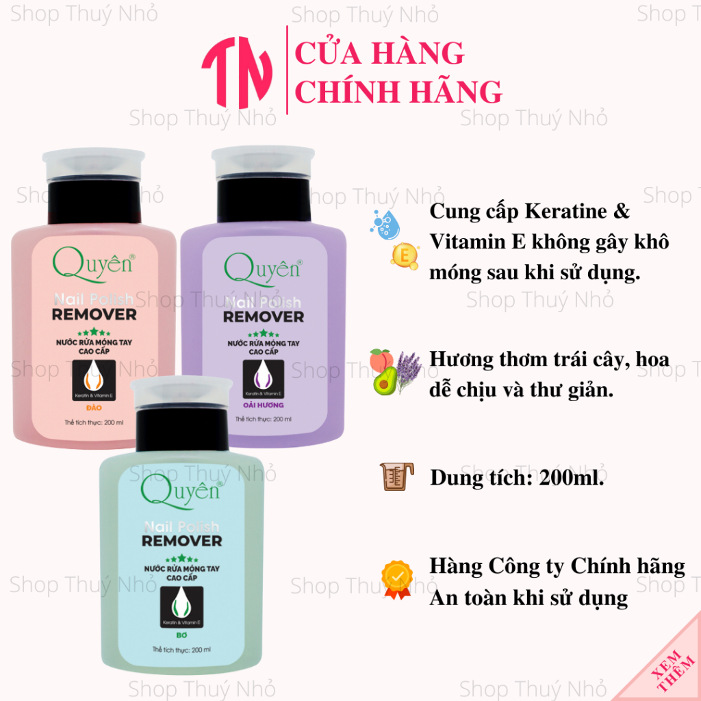 Acetone, Axetone, nước tẩy, rửa móng tay Keratine và Vitamin E cao cấp Quyên hương trái cây và hoa -