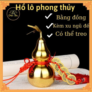 Hồ lô phong thuỷ bằng đồng sức khoẻ trường thọ, xua tan khí xấu có dây đồng xu ngũ đế may mắn
