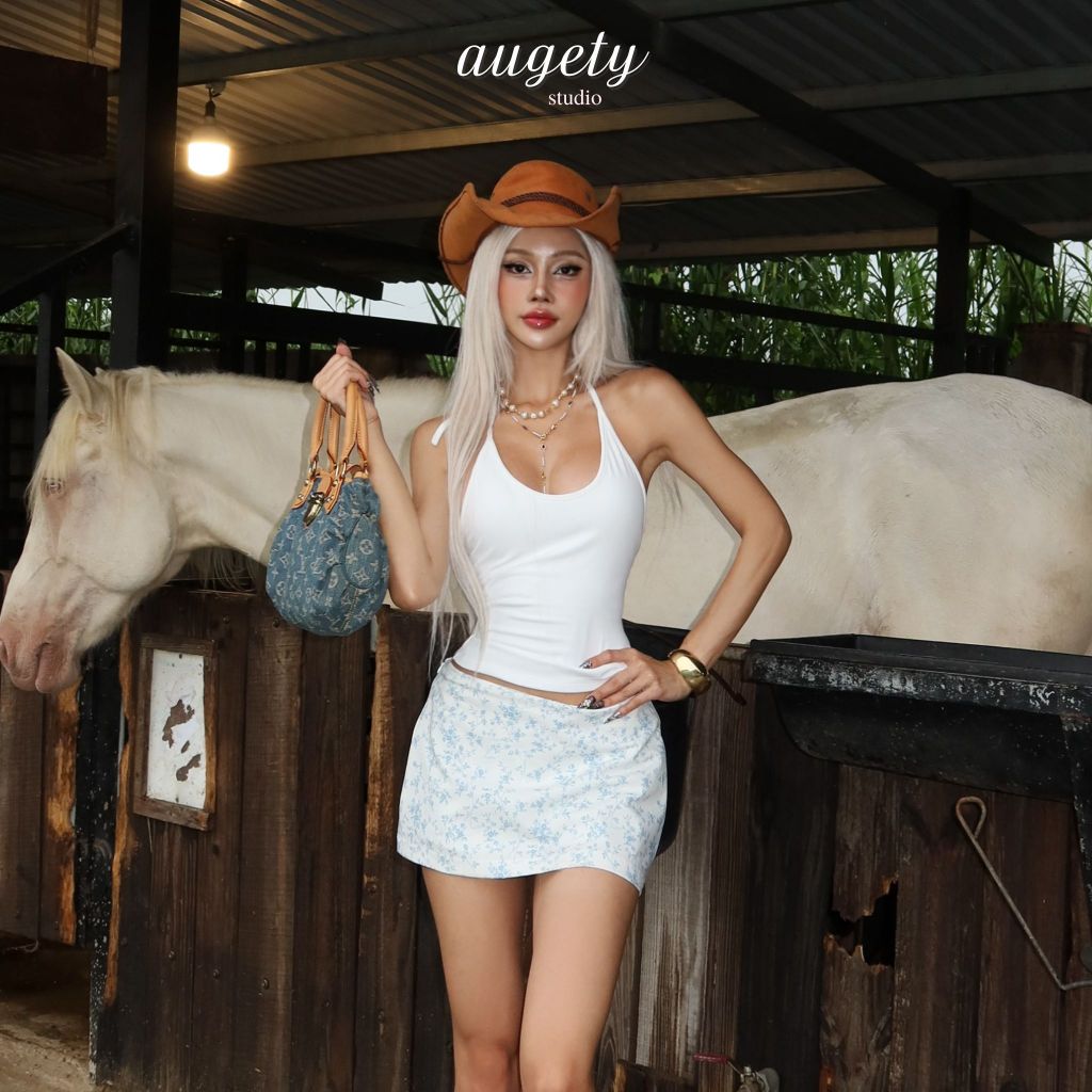 Chân Váy Ngắn Cạp Trễ Vải In Hoa Xanh Augety Studio, IRIS MINISKIRT