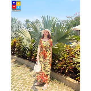 Đầm Trễ Vai Maxi Đẹp Hoa Lá Nền Vàng Tươi Tắn( Freesize đến 65kg)