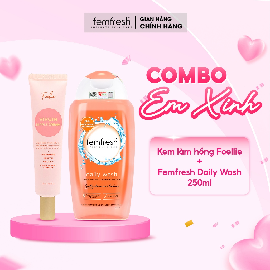[COMBO EM XINH] Dung Dịch Vệ Sinh Femfresh + Kem Làm Hồng Foellie, Combo hỗ trợ làm sạch, thơm, sáng
