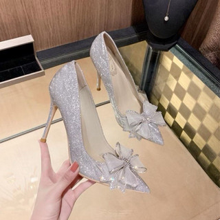 [FREESHIP] FORM RỘNG Giày cao gót dự tiệc 9cm mũi nhọn ánh kim đính nơ đá pha lê sang chảnh -TG2