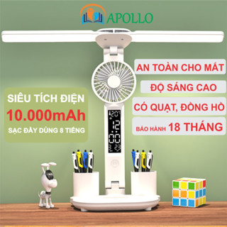 Đèn học để bàn chống cận Apollo, đèn bàn học tích điện 10.000mAh, màn hiển thị, quạt và hộp bút