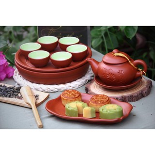Ấm chén tâm sen khay đôi đỏ khắc hoa