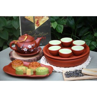 Ấm chén tâm sen khay đôi đỏ khắc hoa